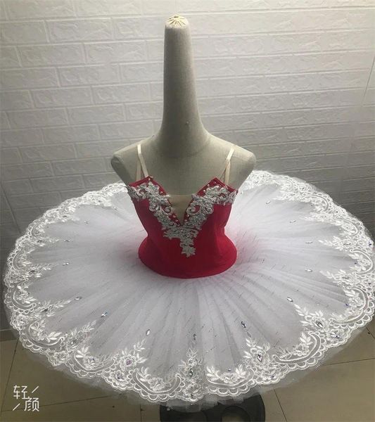 Trajes de tutu com design de olho de gancho vermelho spandex para apresentações profissionais de balé.TUTU-15