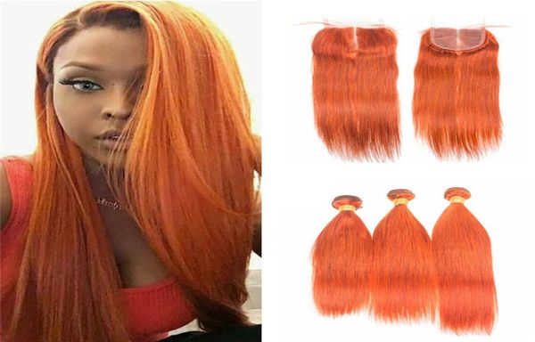 9A Nova Cor Pura Laranja Seda Reta Virgem Brasileira Tecer Cabelo Humano 3 Pacotes Com Parte Do Meio 4x4 Lace Top Encerramento 4 Pcs Lot2177152