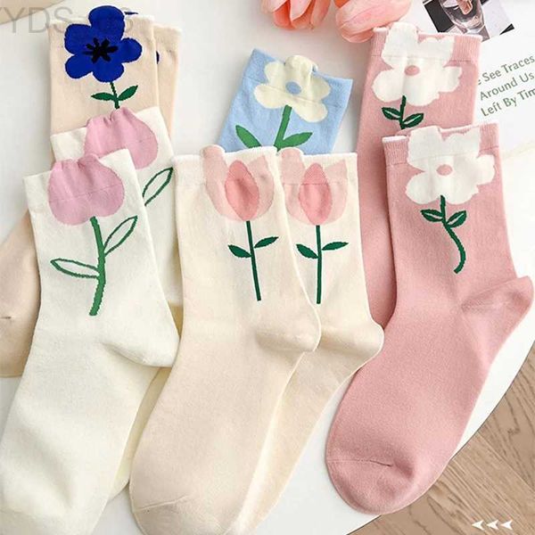 Детские носки Цветочные носки женские тюльпаны розовые короткие носки Носки средней длины Осень и зима Ins Модные девушки-студенты Милые длинные милые носки YQ240314