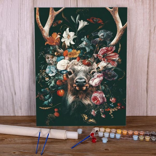 Número cervos com flores colorir por números kit de pintura tintas acrílicas 40*50 quadros em tela pinturas decorativas crianças arte