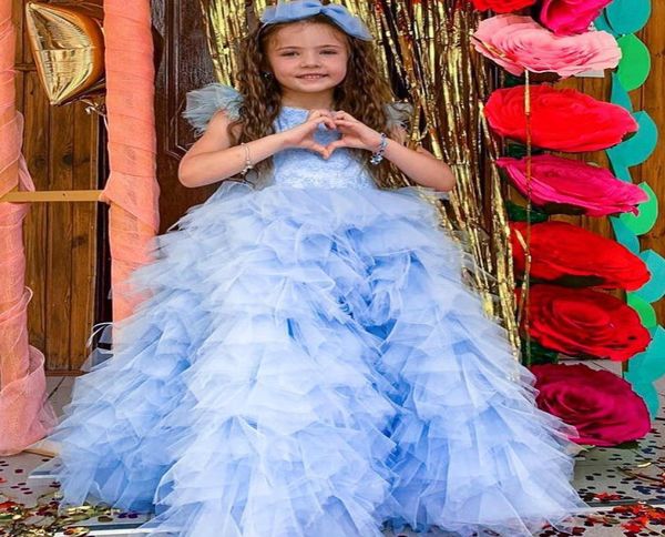 Cielo blu economici abiti da ragazza di fiore pizzo tulle bambina abiti da sposa economici abiti da comunione abiti da spettacolo zj6145521786