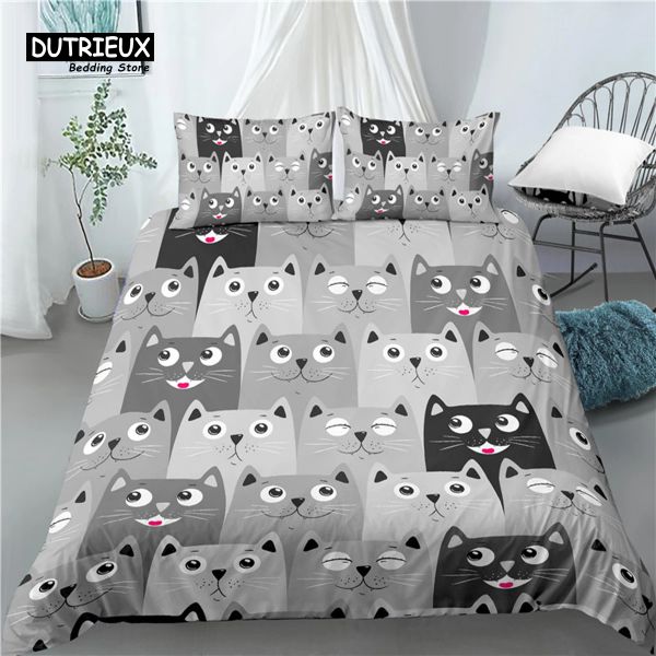 Defina a vida em casa Luxo 3D Cartoon Cat Print 2/3pcs Confiados conjuntos de cama de travesseiros de pilhas de edredão Rainha e rei UE/EUA/UA tamanho cortinas pura