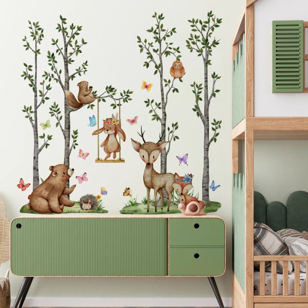 Aufkleber, niedliche Tiere, Wandaufkleber, Dekoration für Kinderzimmer, Kiefernbaum-Wandaufkleber, selbstklebender PVC-Schmetterlings-Kunstwandaufkleber