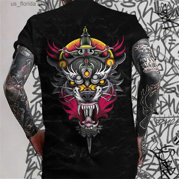 Homens camisetas Mens Retro Tattoo Estilo T-shirt Tendência 3D Impressão Strt Curto Slved Hip-Hop Punk Estilo Mens T-shirt Oversized Mens Roupas Y240314