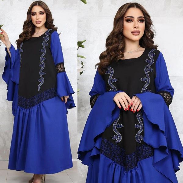 Roupas étnicas Elegante Diamantes Vestido Lace Splicing Vestido Muçulmano Longo Jalabiya Mulher Grande Folha de Lótus Mangas Abaya Mulheres Decote Quadrado