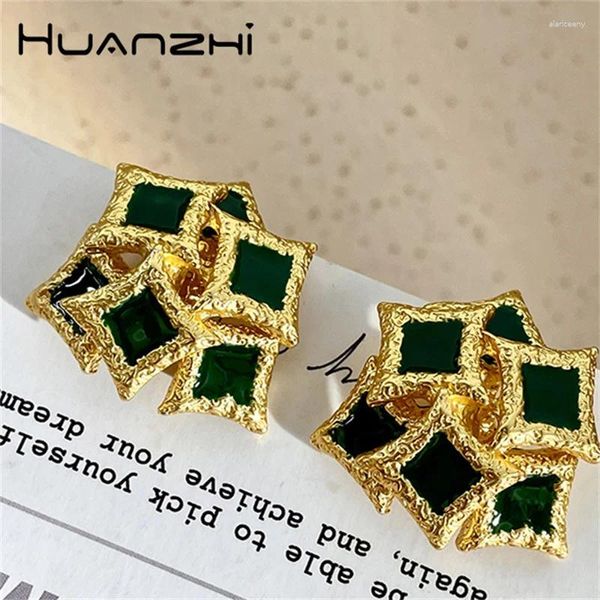 Brincos de parafuso prisioneiro geometria irregular quadrado verde gotejamento esmalte vintage elegante metal para mulheres menina festa jóias huanzhi 2024