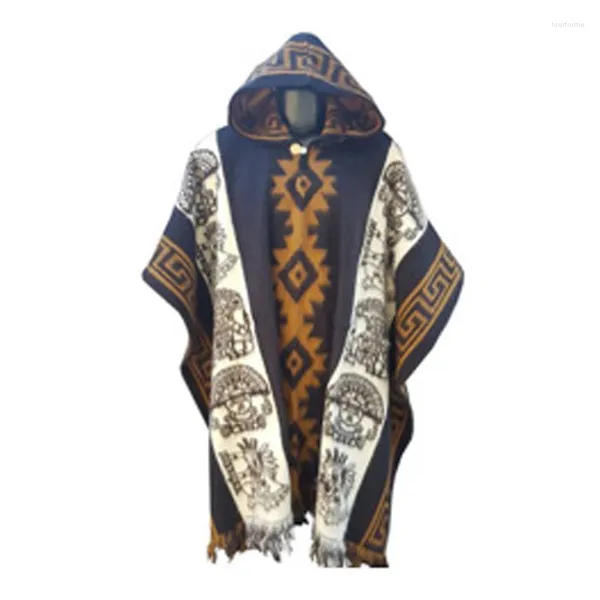 Hoodies masculinos retro casual solto com capuz de malha xale étnico totem longo vento casaco de ombro