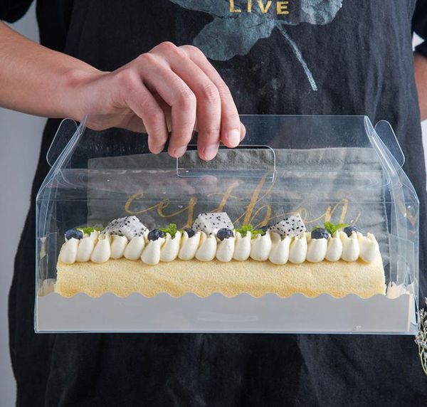Şeffaf kek rulo ambalaj kutusu tutamaçlı çevre dostu berrak plastik peynir kek kutusu pişirme İsviçre rulo kutusu zza18646019805