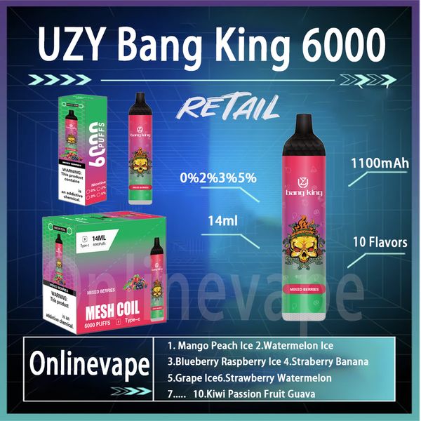 Best-seller UZY Bang King 6000 Puff Descartáveis E Cigarros 0.8ohm Mesh Coil 14ml Pod Bateria Recarregável Eletrônico Cigs Puff 6K 0% 2% 3% 5% Vape Pen