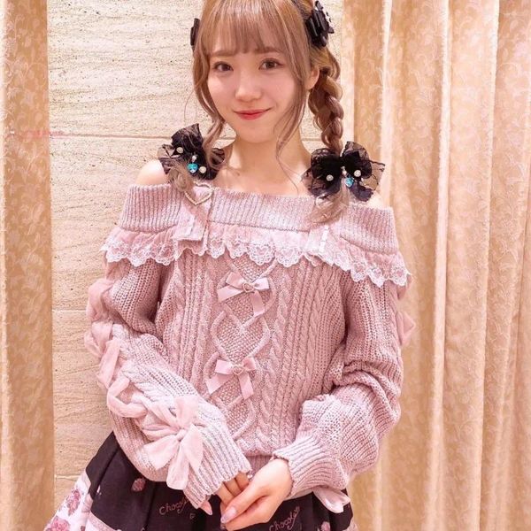 Женские свитера NIGGEEY, японская верхняя одежда, милый розовый свитер с открытыми плечами, женский милый вязаный топ на одно плечо с кружевным ремешком для девочек