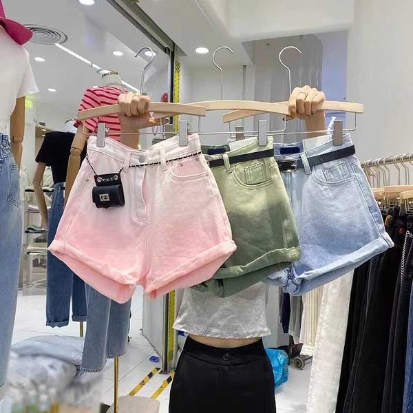 Pantaloncini di jeans tinti in cravatta sfumata rosa Donna 2023 Pantaloni larghi versatili a vita alta slim stile estivo 2023