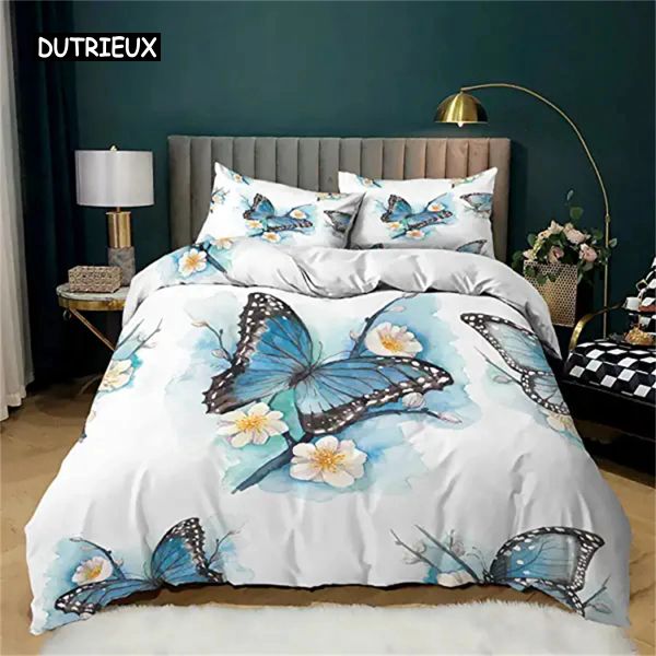 Conjunto de butterfly cover tampa azul roxo roxo conjunto de capa de edifício de flores para meninas crianças adolescentes colcha capa decoração de decoração pura cortinas