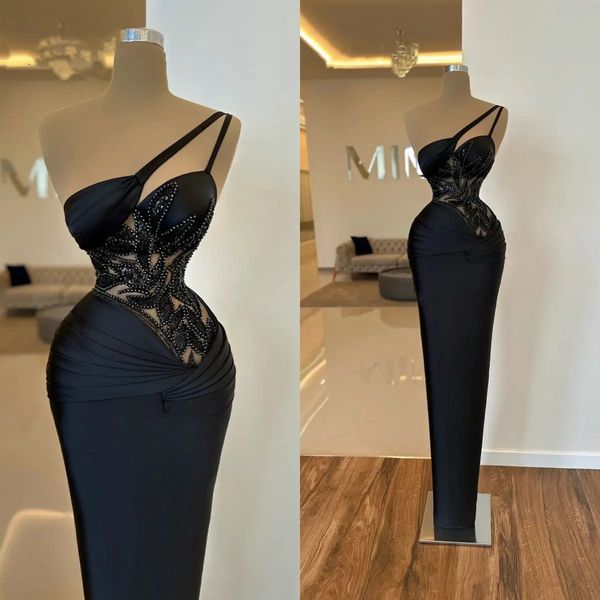 Elegante um ombro longo vestidos de noite sem mangas lantejoulas folhas corpete cetim dobrado em linha reta cabido elegante sem mangas vestidos de festa