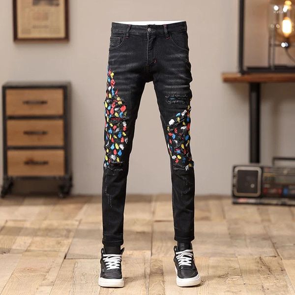 Мужские джинсы 2024, черные модные узкие индивидуальные нашивки с дизайном, красивые повседневные мотоциклетные брюки High Street