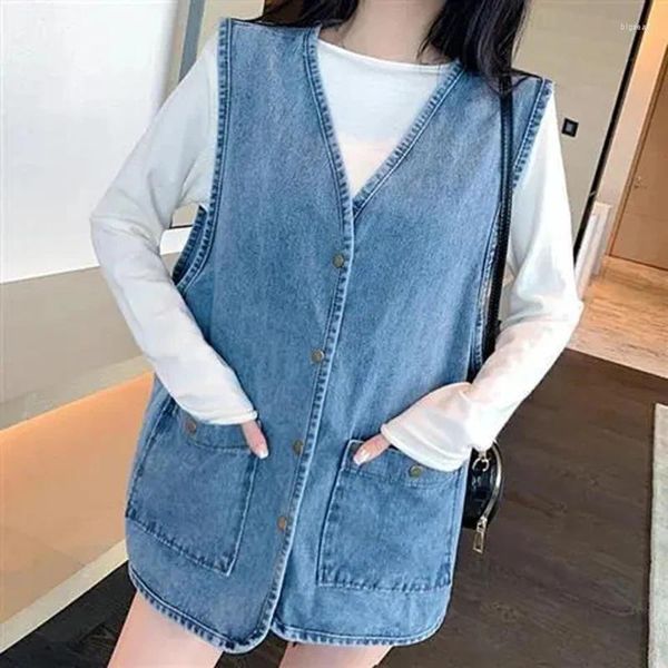 Coletes femininas 2024 denim colete mulheres primavera outono mangas de comprimento médio jean cardigan casaco feminino jeans colete casual outerwear senhora tops