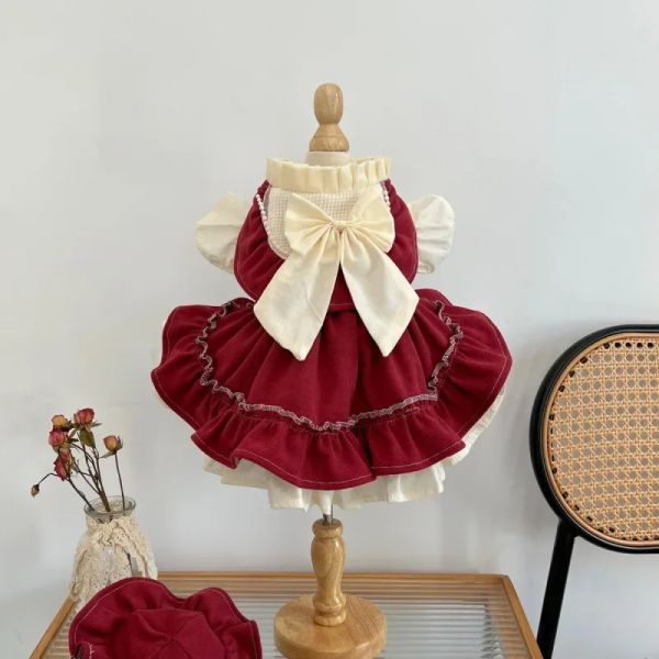 Abbigliamento Bowknot Princess Dress pet Abbigliamento cani Lolita gonna vestiti per cani Costume Bulldog francese Stampa estate vino rosso mascotte ragazza