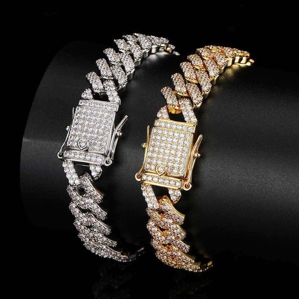 Bracciale Hip-Hop da 12 mm a doppia fila con zirconi e diamanti, catena cubana, bracciale da uomo in oro di marca alla moda