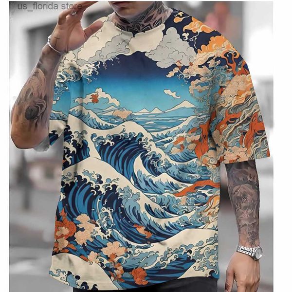 Erkek Tişörtler 2024 MENS KISA SLVE ÜSTLERİ İÇİN YENİ TARRIPLAR Japon tarzı Ukiyo Grafik Giysileri Büyük Yaz Giyim Strt Erkek T-Shirt y240314