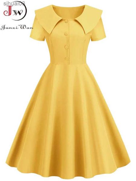 Grundlegende Freizeitkleider Vintage 50er Jahre Damen Solides Plisseekleid Elegant Peter Pan Kragen Frauen Sommer Hohe Taille Rockabilly Pinup Party Midi SommerkleidL2403