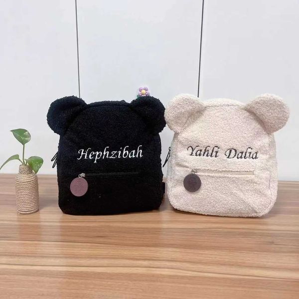 Mochilas Personalizadas Teddy Bear Kids Fleece Bordado Mochila Inicial ou Primeiro Nome Bolsa Escolar Teddy Bear Ear Bag Nome Inicial BagL2403