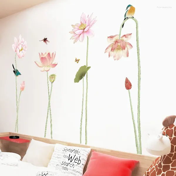 Adesivos de parede aquarela flores de lótus quarto sala de estar decoração sofá pano de fundo arte grande mural diy