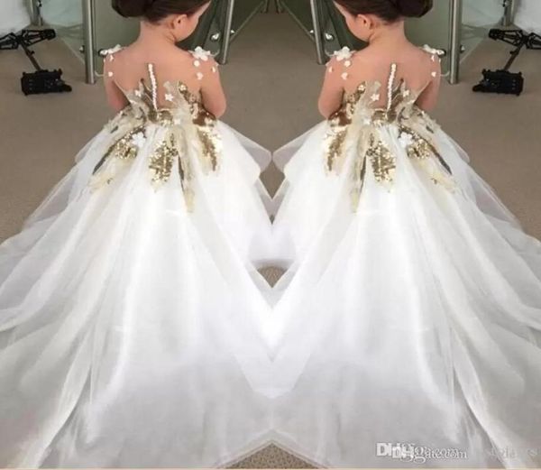 Neues Design Blumenmädchenkleider 2023 für Hochzeiten, lange Ärmel, goldene Pailletten, Festzug, Partykleider, Erstkommunionkleid für Kinder, Te7759649