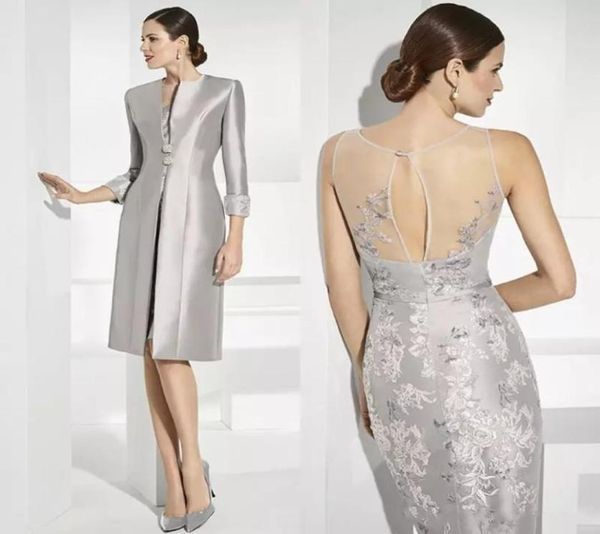 Elegantes silbernes Spitzenkleid für die Brautmutter mit langen Ärmeln, Satinjacke, transparentes Hochzeitsgastkleid, knielang, günstiger Abend2309765