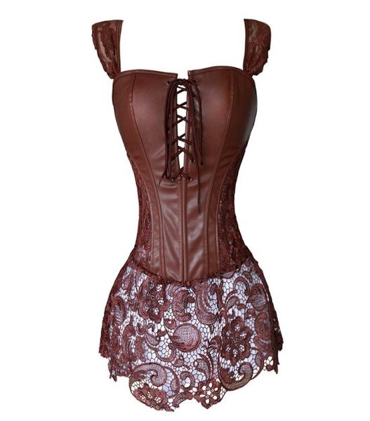 Vestido espartilho de couro falso steampunk zip corselet roupas góticas preto café vermelho lingerie sexy roupas de festa s6xl plus size j1904714338