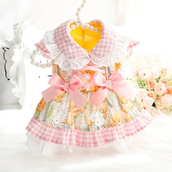 Vestidos doce coelho saia para cães vestido impressão bowknot princesa roupas para cães de estimação gato moda lolita traje primavera verão produtos para animais de estimação