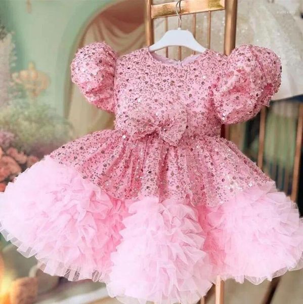 Vestidos de menina luxo rosa lantejoulas vestido de festa de aniversário de bebê criança meninas concurso primeiro tutu tule manga curta sopro