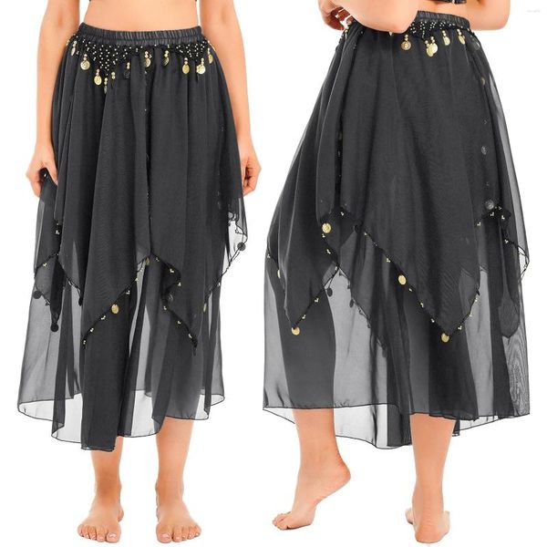 Gonna da danza del ventre con paillettes da donna, gonna in chiffon con perline, tulle, performance, costume di Bollywood, maxi abbigliamento da ballo