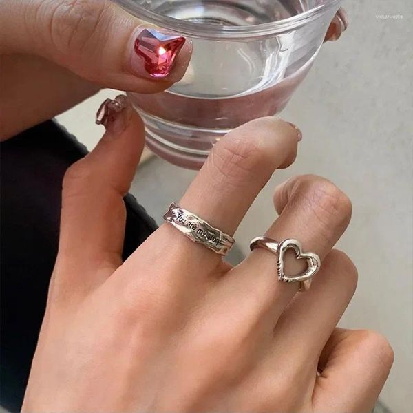 Cluster Ringe 925 Sterling Silber Ausgehöhlte Liebe Herz Form Brief Ring Für Frauen Mädchen Koreanische Ins Retro Unregelmäßige Schmuck tropfen