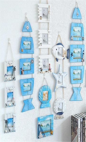 Decorazione murale mediterranea Cornice in legno Po Cornice per foto a tre collegamenti Stella marina Conchiglia Artigianato Accessori per la decorazione della camera dei bambini SH194218301