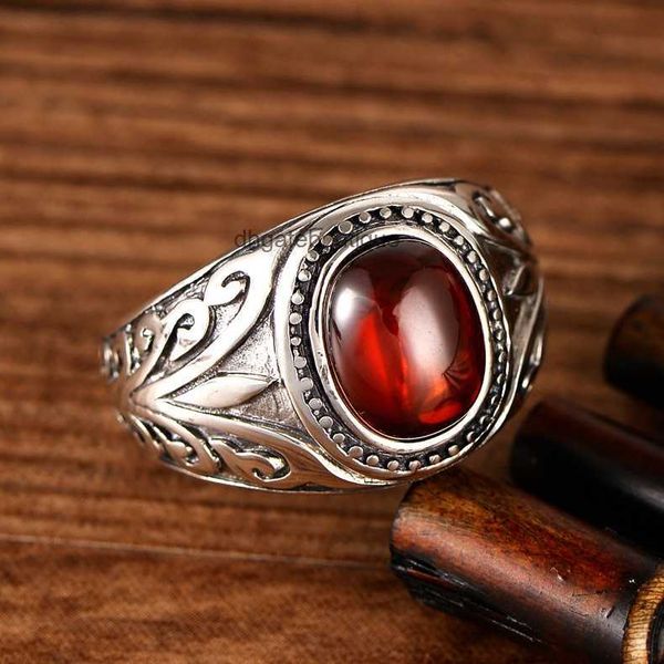 Anel de prata esterlina 925, ágata preta, granada vermelha, anel masculino de rattan antigo