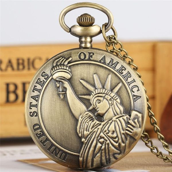 Estátua do Liberty tema quartzo bolso relógio de bronze cool hunter full pingente de colar de cadeia Relógio de lembrança para homens mulheres244h