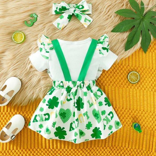 Conjuntos de roupas nascidos bebê menina st patricks dia outfit manga curta carta impressão macacão suspender saia arco headband 3 pcs quatro folhas