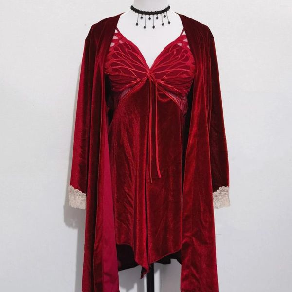 Женская одежда для сна бордовый бархатный свадебный халат ночная рубашка комплект осень-зима женская ночная рубашка сексуальная кружевная отделка домашнее платье одежда для дома