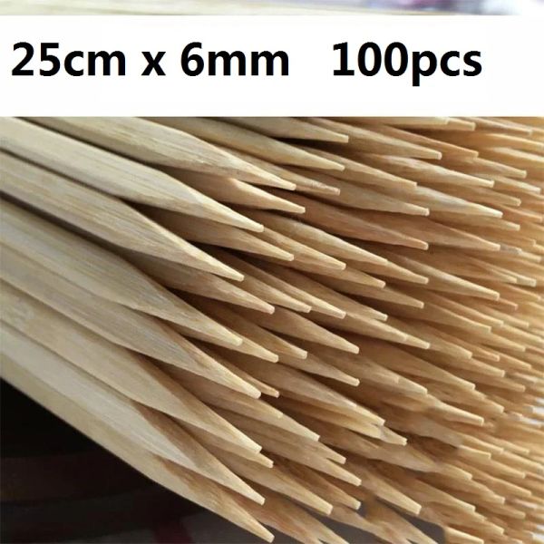 Espetos 100300 peças espetos de bambu descartáveis, madeira natural plana para churrasco, varas para festa, acessórios para churrasco, utensílios de restaurante 25cm * 6mm