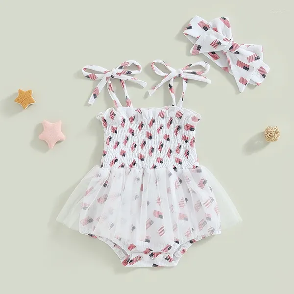 Strampler, Sommer-Mesh-Patchwork-Stramplerkleid für geborene Babys, 4. Juli-Outfits, ärmellos, zum Binden, Flaggendruck mit Stirnband