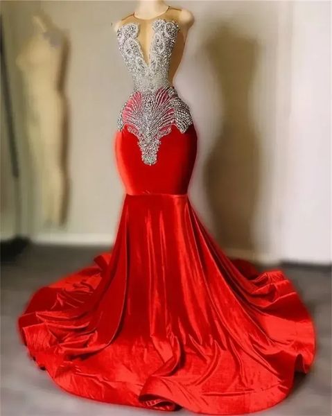 Vestido de baile sereia de veludo vermelho brilhante, 2024, miçangas, pescoço transparente, plus size, formal, festa de formatura, robe de bal, 2024