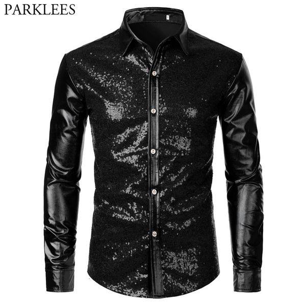 Preto lantejoulas glitter vestido camisa masculina brilhante manga longa botão para baixo 70s festa dança camisa masculino natal traje de halloween 240221