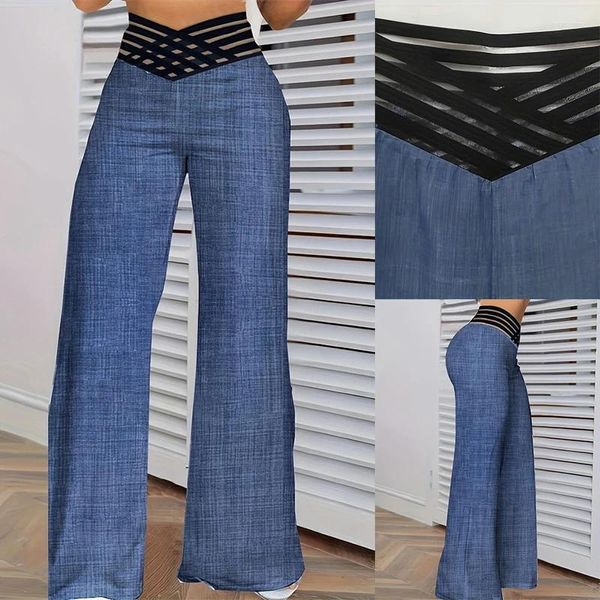 Calças femininas 2024 mulheres perna larga queimado outono casual crisscross pura malha remendo cintura alta calças y2k streetwear elegante trabalho pant