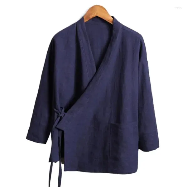 Camisetas masculinas de tamanho M-6xl Tops de cor pura 2024 linho de algodão oblíqua de placket de manga longa hanfu roupas chinesas quimono