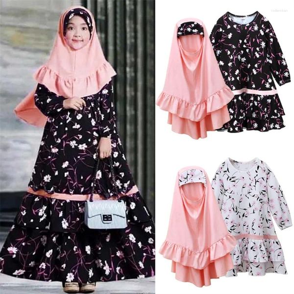 Abbigliamento etnico Ragazze musulmane Abaya Hijab Maxi abito da preghiera Set stampato Bambini Abito arabo islamico Caftano Foulard Turchia Dubai Abiti Ramadan