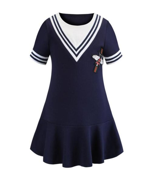 Retailwhole neonate Navy pieghettato Abito da principessa ricamato abiti causali bambini moda Designer Abbigliamento Bambini boutiq1164694