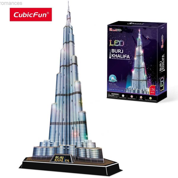 Puzzle 3D CubicFun Puzzle 3D LED Dubai Burj Khalifa 57,5 H Kit modello di edificio di architettura 136 pezzi Torre Jigsaw Toys per adulti Bambini 240314