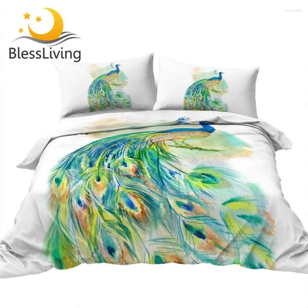 Bettwäsche-Sets BlessLiving Buntes Pfauen-Bettset, 3-teilig, türkisfarbener Vogel, Bettbezug, Aquarellfedern, ethnische Tagesdecke, Queen-Size-Bett