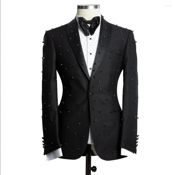 Ternos masculinos de luxo, noivo, casamento, smoking, feito sob encomenda, cristais, jaqueta frisada, calças, 2 peças, formal, negócios, baile, blazer, roupas