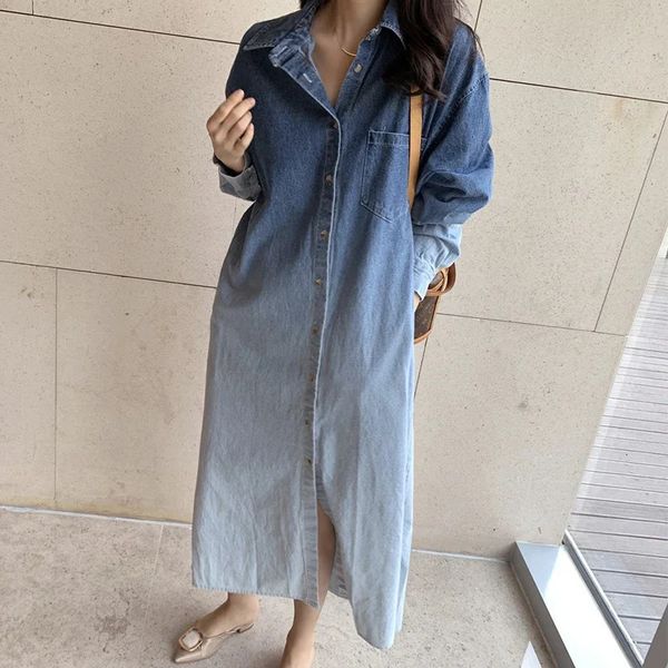 Japão estilo harajuku chique botão até longo denim dres outono inverno design moda casual streetwear senhora jean vestidos 240313