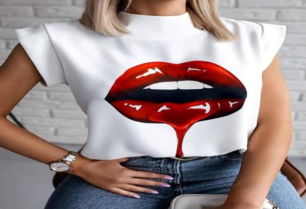 2021 Seksi Kadın Yaz Tişörtleri Stand Yakası Dudaklar Baskılı Üstler Tees Sleevess Ladies Asetate Boyut S2XL Kadın039S Tshirt Exp4592965